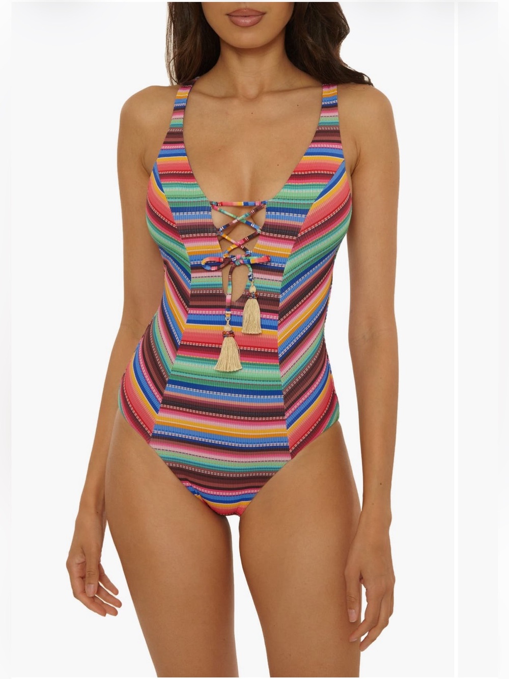 BECCA Vallarta Stripe Tassel Seersucker
One-Piece Swimsuit Size Large Bathing